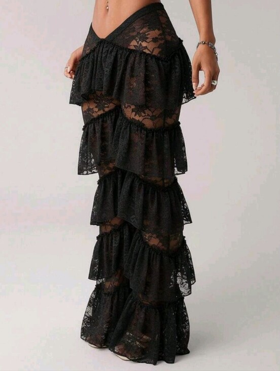 Pants - Y2k Women's V-Front Waistband Western Party Layered Ruffle Hem Lace